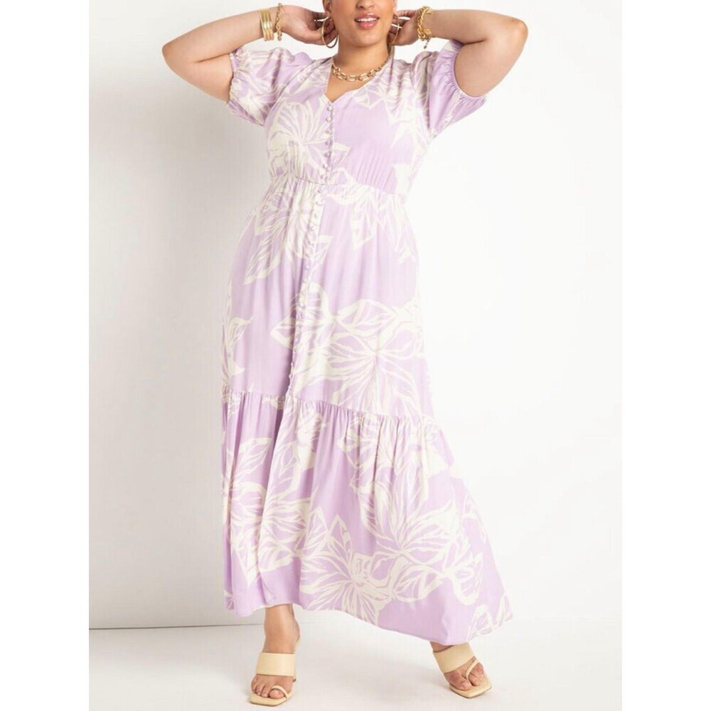ELOQUII Women’s Lilac Button Front Flounce Hem Maxi Dress Plus Size 16